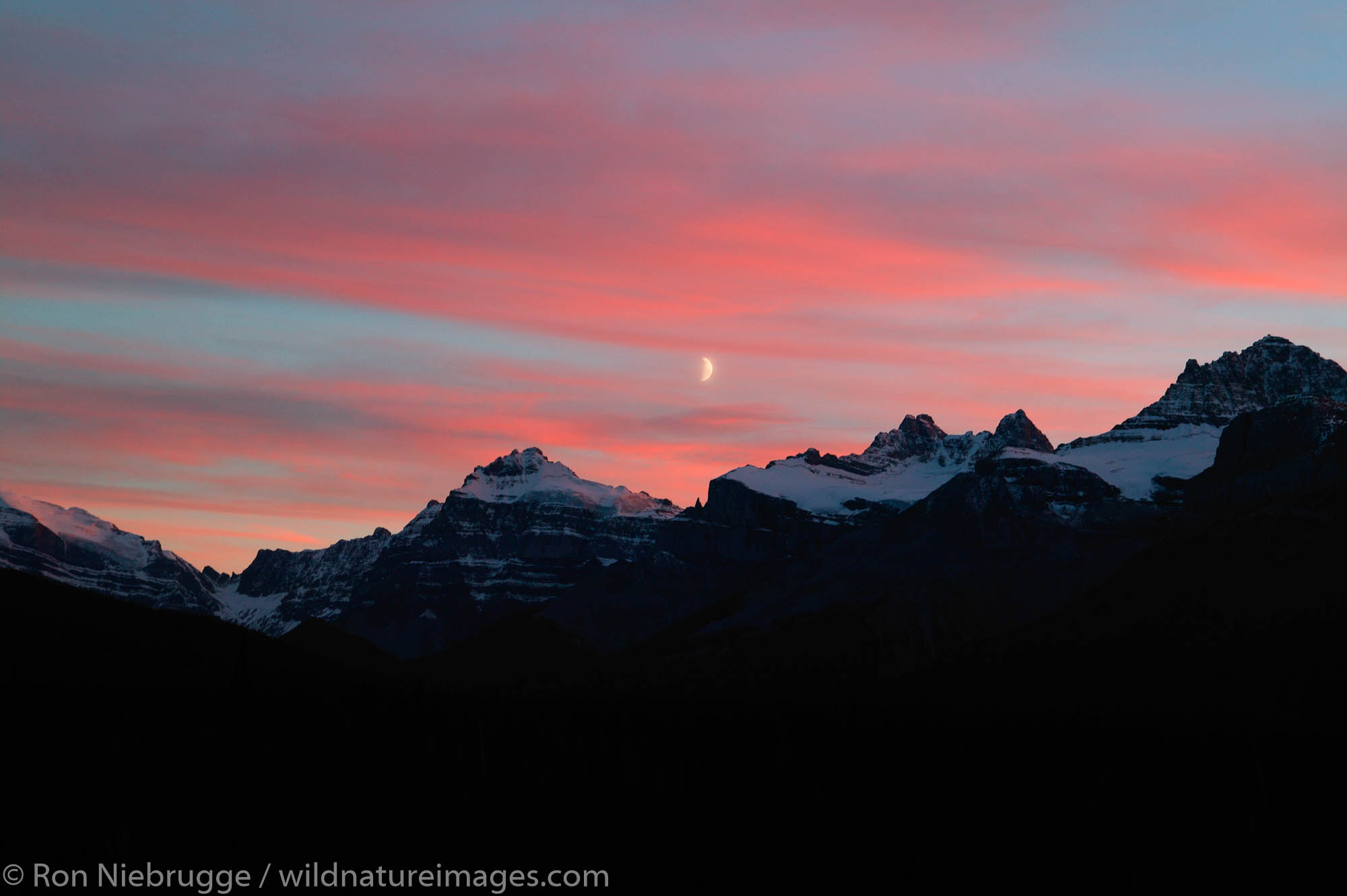 Moon at sunset near the Saskatchewan River, Banff National Park, Alberta, Canada.