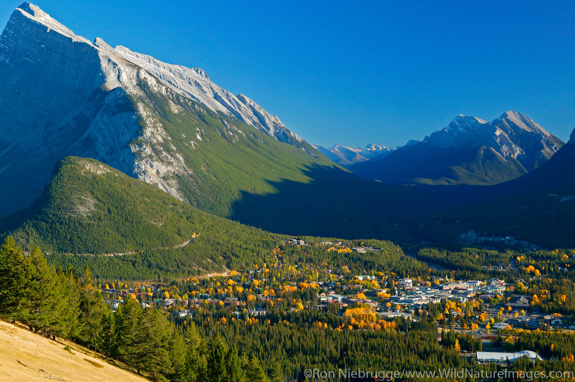 Town of Banff as viewed from Mount Norquay Road, Banff National Park, Alberta, Canada.