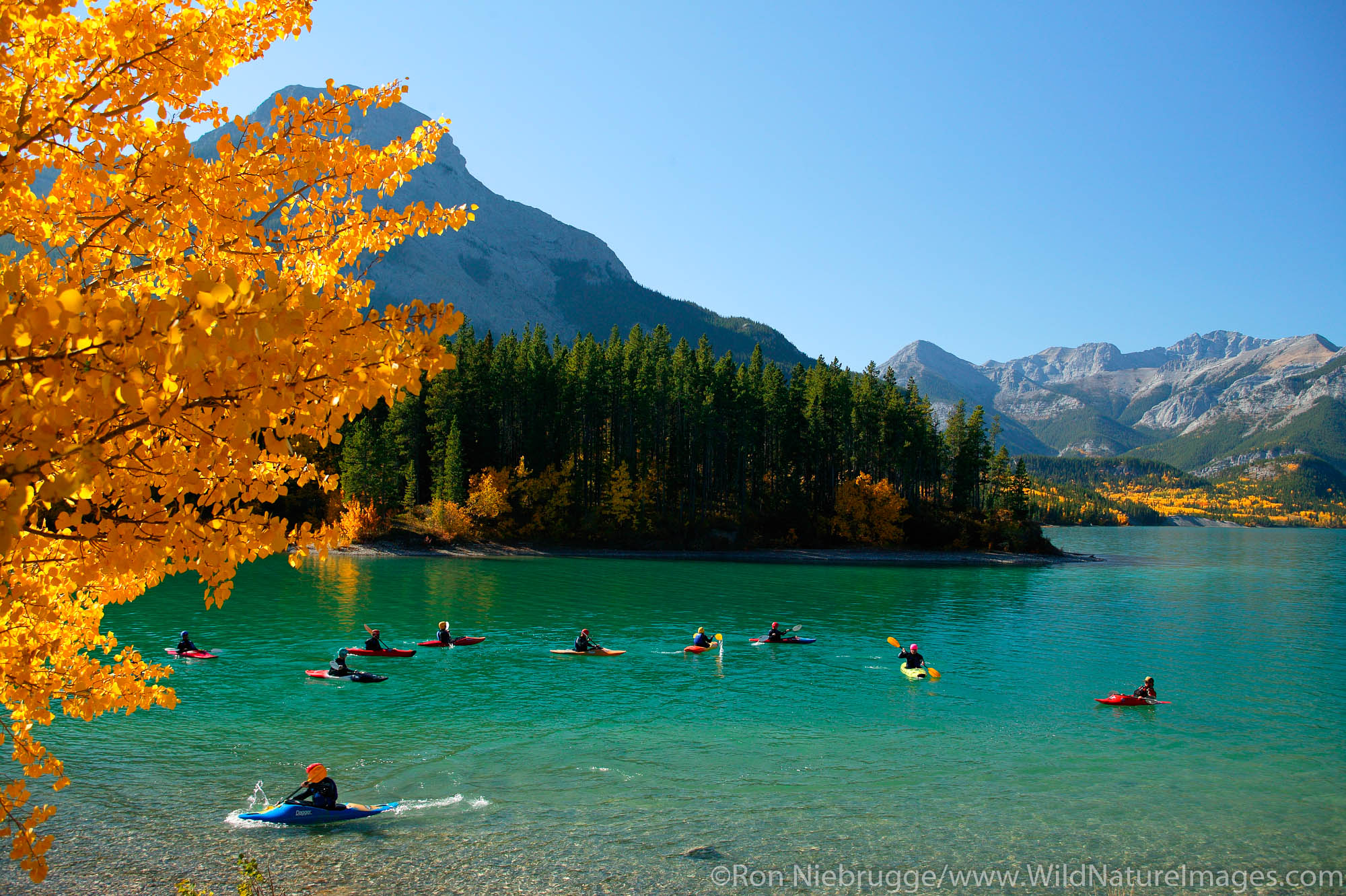 Kayakers on Barrier Lake, Bow Valley Provincial Park, Kananaskis Country, along Highway 40, Alberta, Canada.