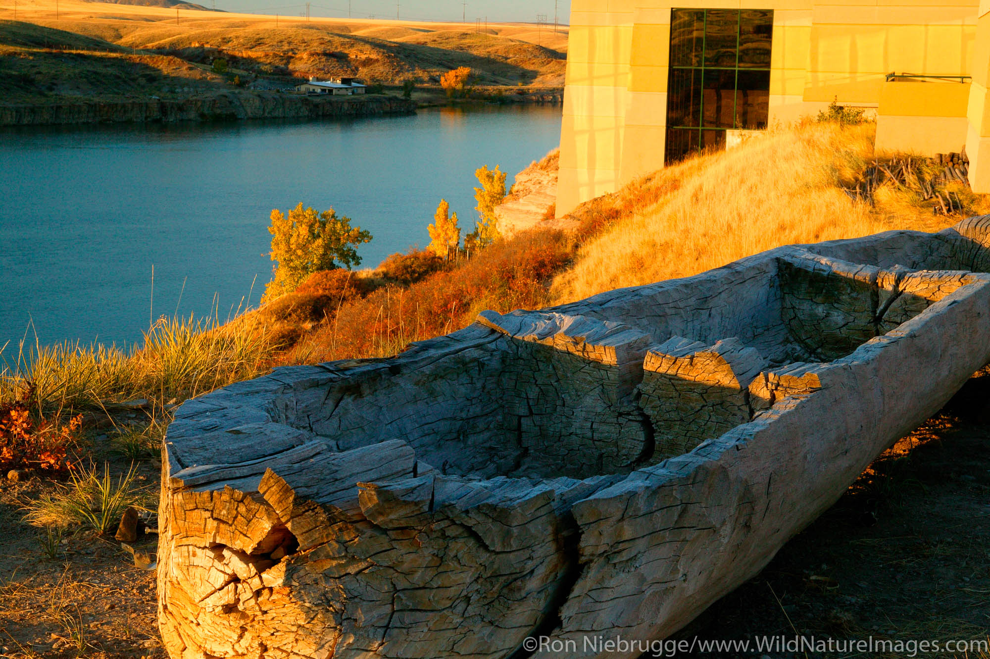 Log canoe and the Lewis and Clark National Historic Trail Interpretive Center along the Missouri River, Great Falls, Montana.