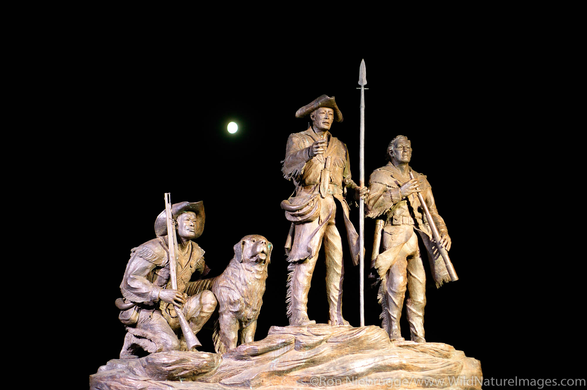 This Lewis and Clark sculpture "Explorers at the Portage" by Robert M. Scrivor has both Captains, York and Lewis's dog Seaman...