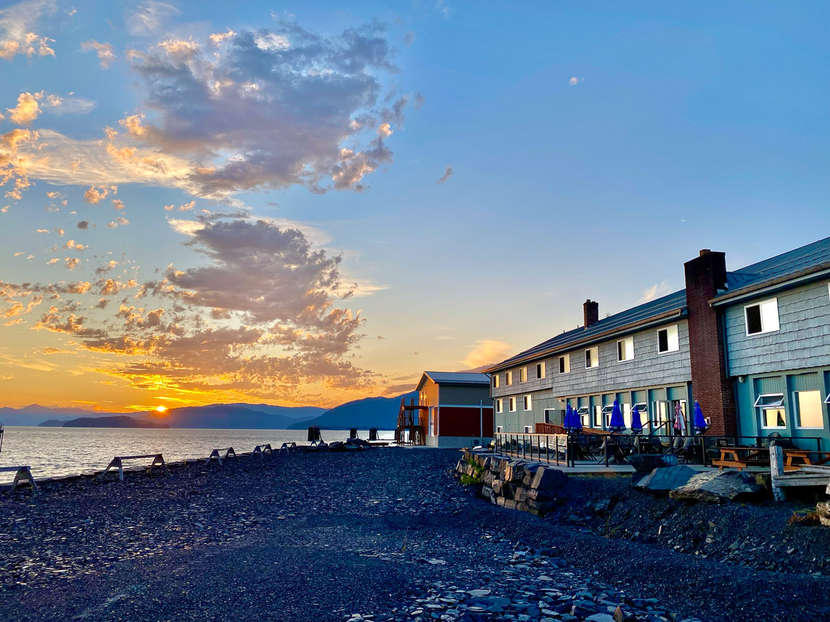 An iPhone photo of our waterfront hotel at sunset.