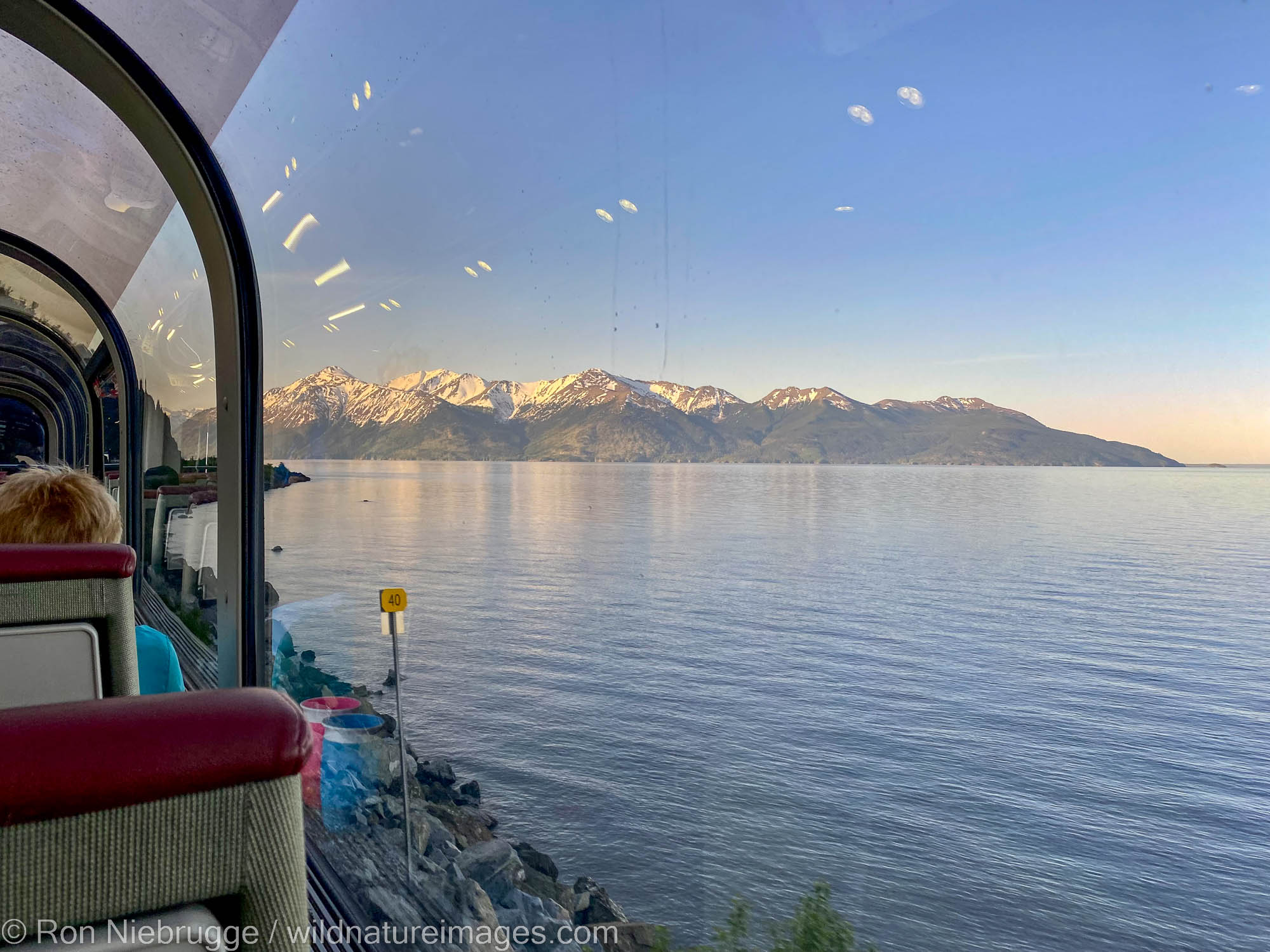 View of Turnagain Arm from the Gold Star Service dome car on the Alaska Railroad.  Iphone.