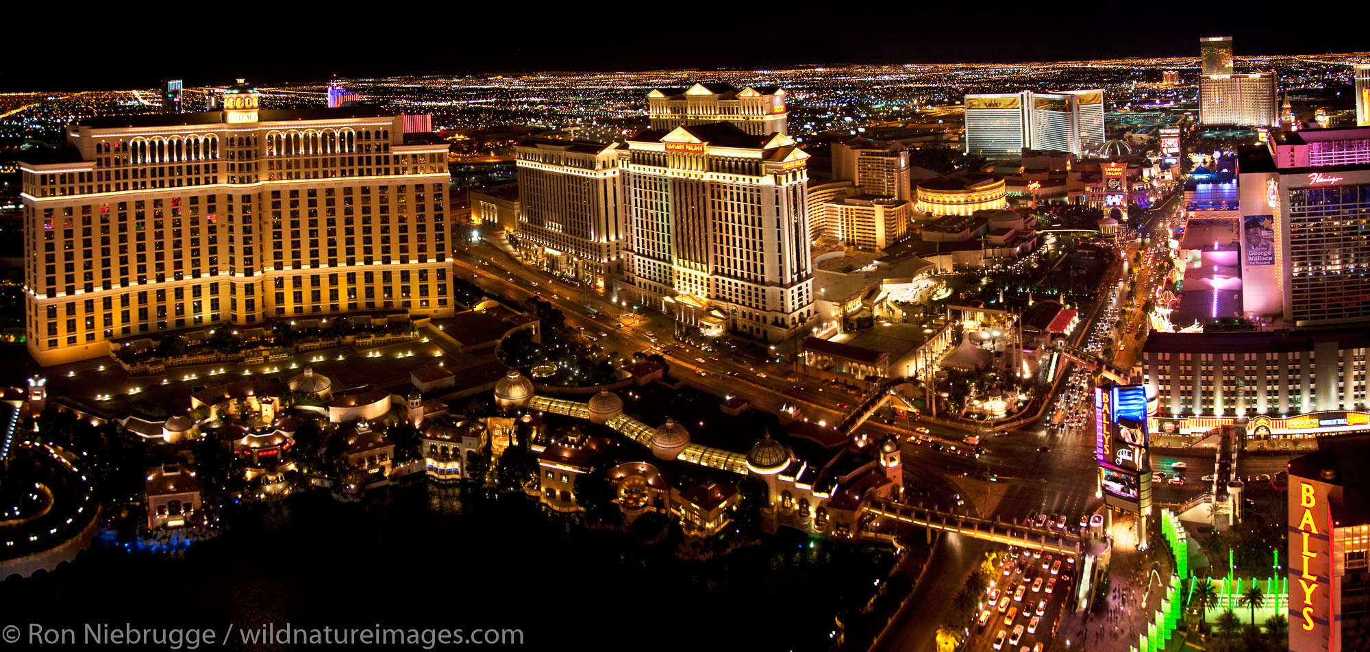 Panoramic of Las Vegas Strip at night.  Las Vegas, NV