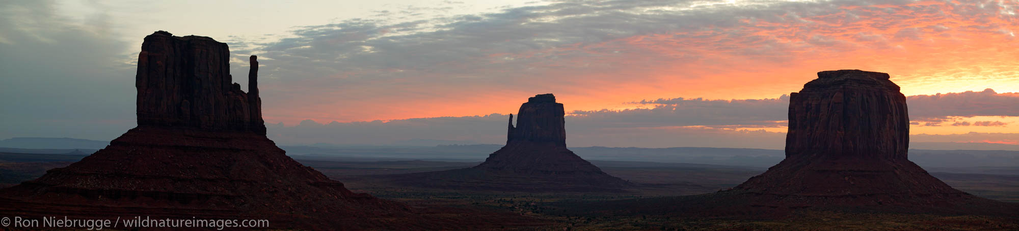 Panoramic of Monument Valley Navajo Tribal Park at sunrise, Utah.  This image consits of 5 11mp images.