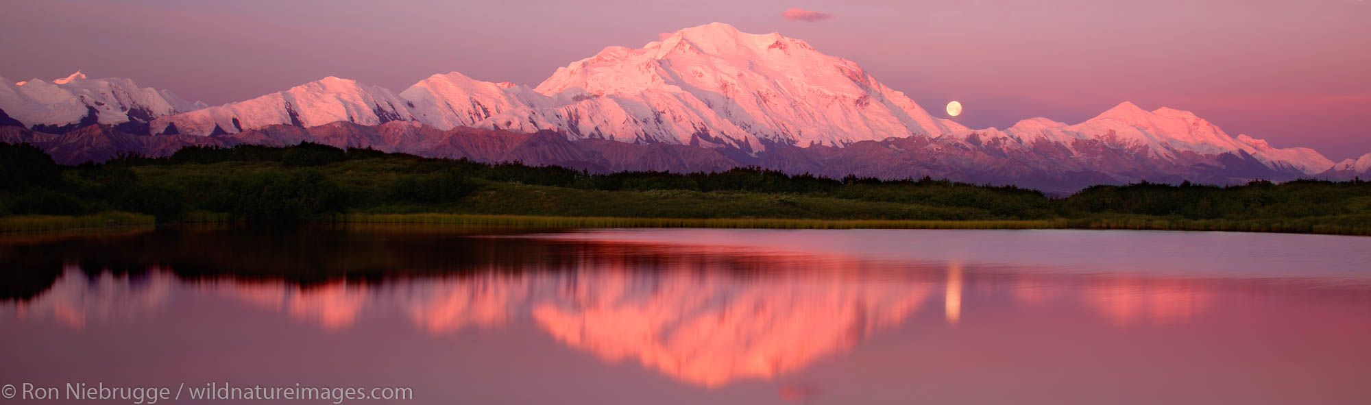 The full moon and Mt. McKinley from Reflection Pond, Denali National Park, Alaska.