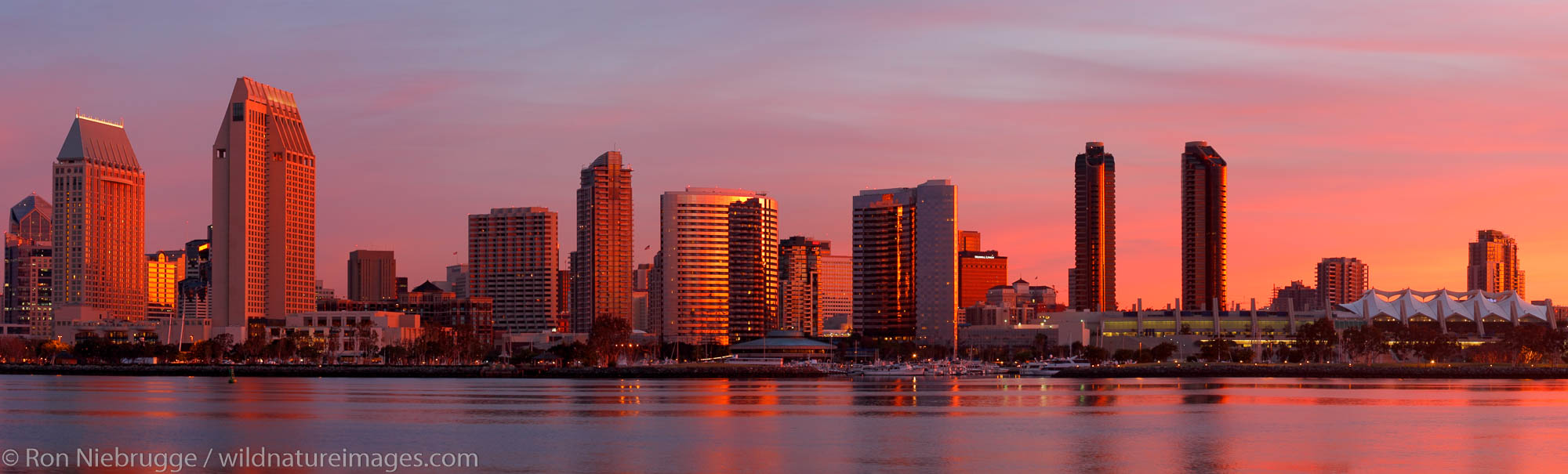 Panoramic of the San Diego skyline at surnrise, California.