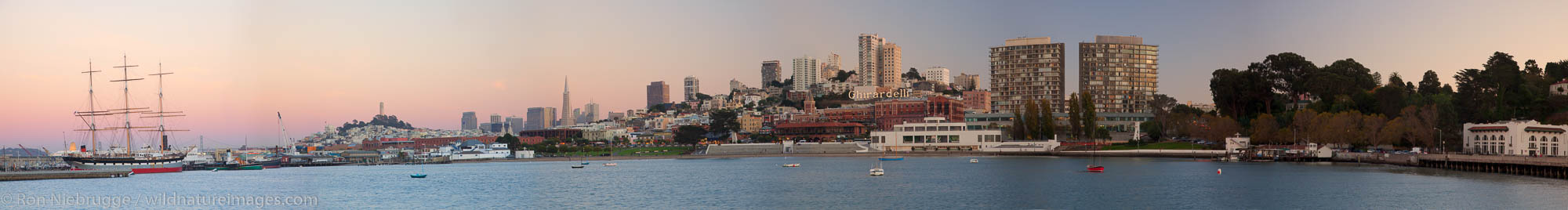 Panoramic view of the San Francisco skyline from across Aquatic Park lagoon, San Francisco, CA
