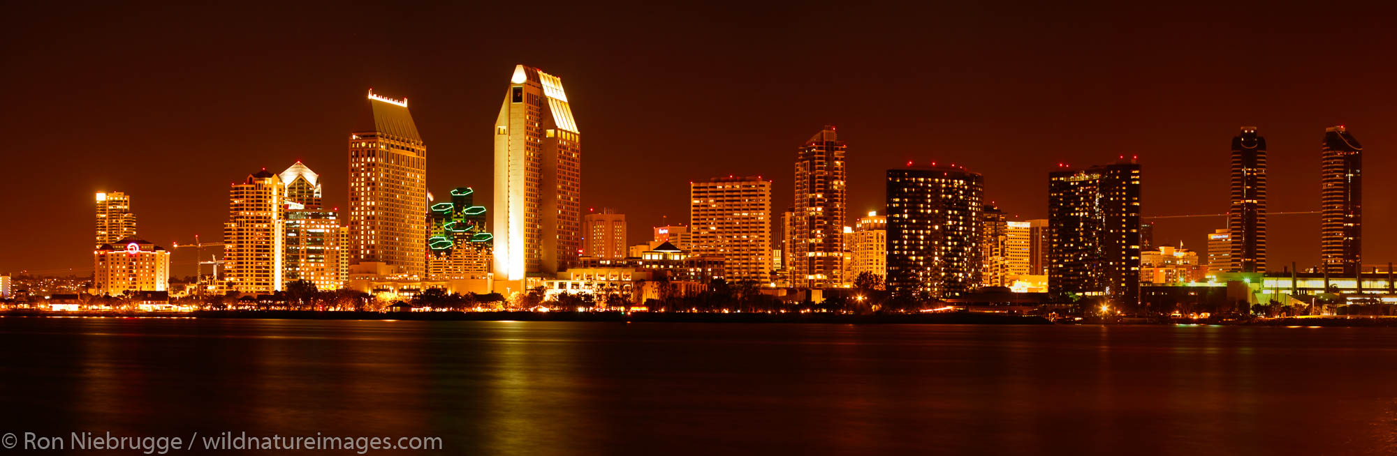 Panoramic of downtown San Diego skyline at night from Coronado Island, California.