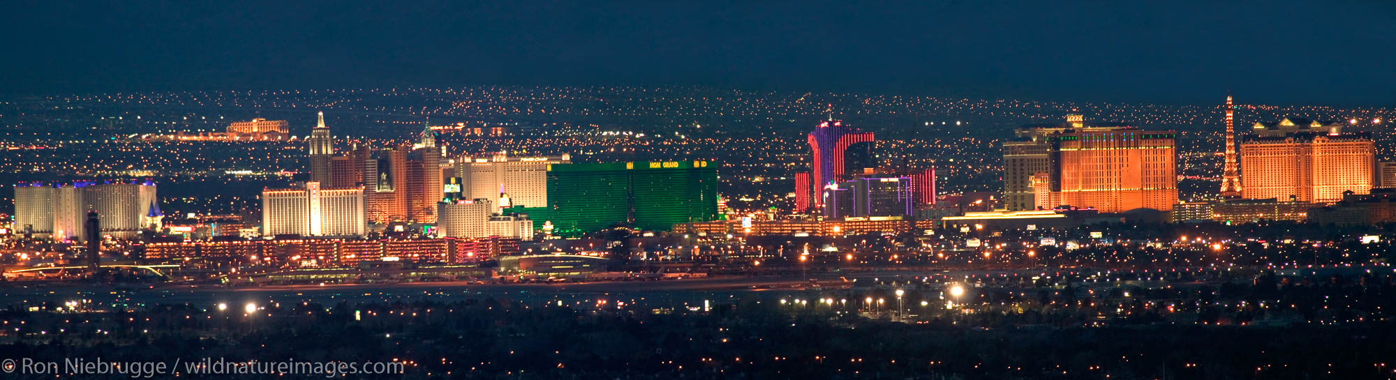 Panoramic of Las Vegas Strip at night.  Las Vegas, Nevada.